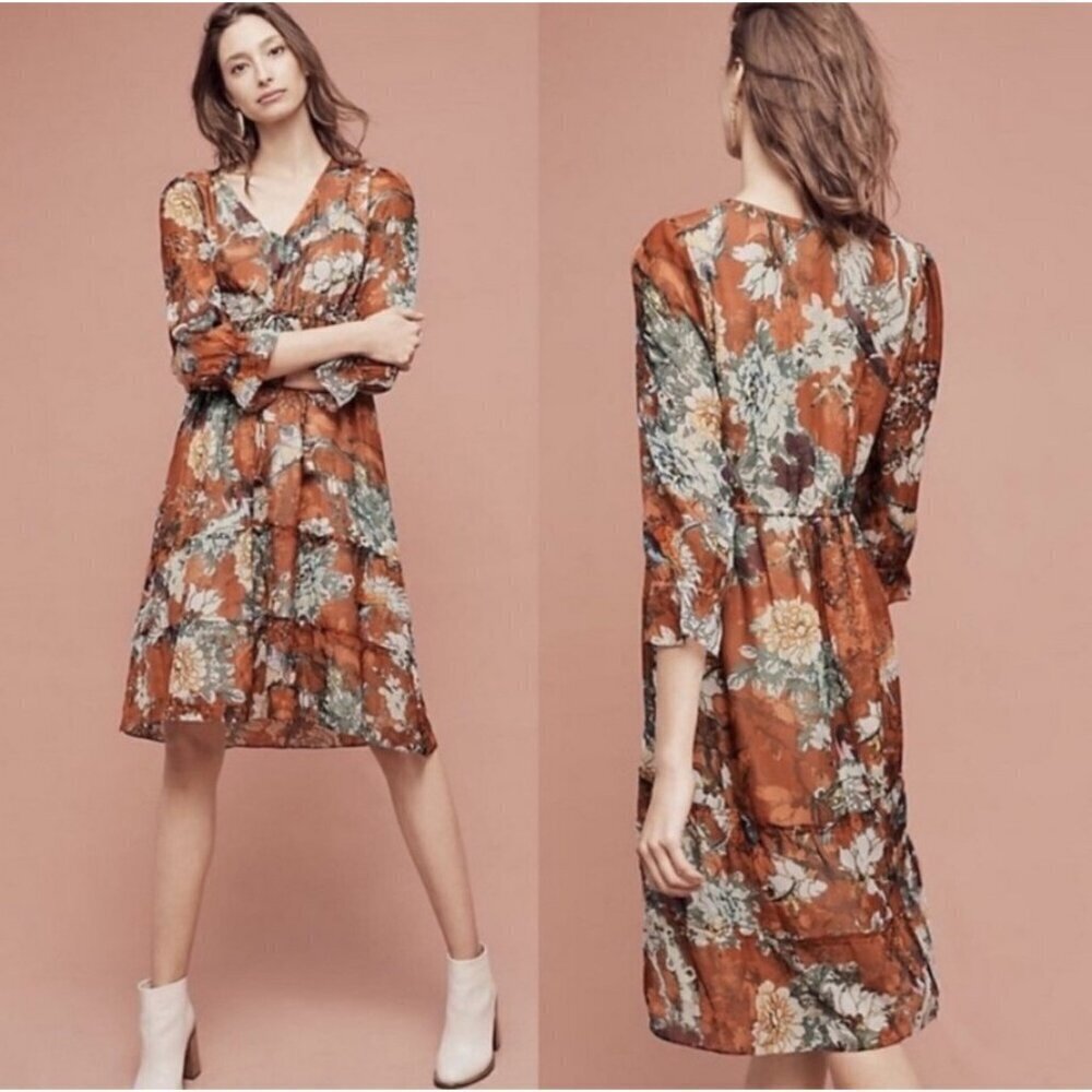 Hemant & Nandita Anthropologie Zeri Floral Tiered Ruffle Midi Dress Women's 2